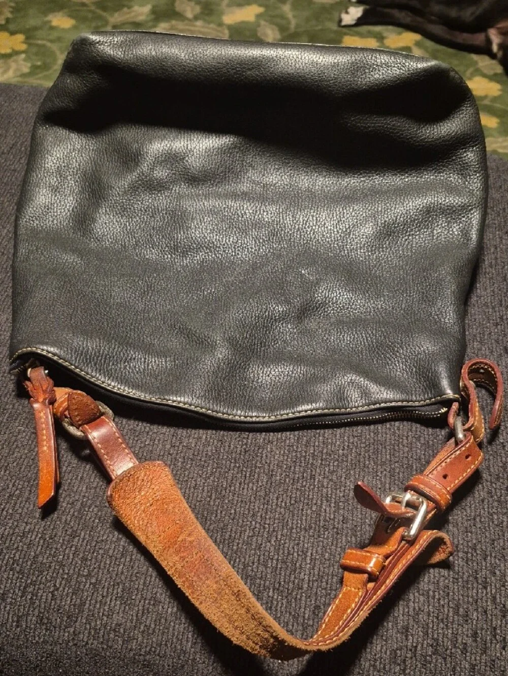 Dooney & Bourke Black Pebbled Leather Messenger with Brown Strap